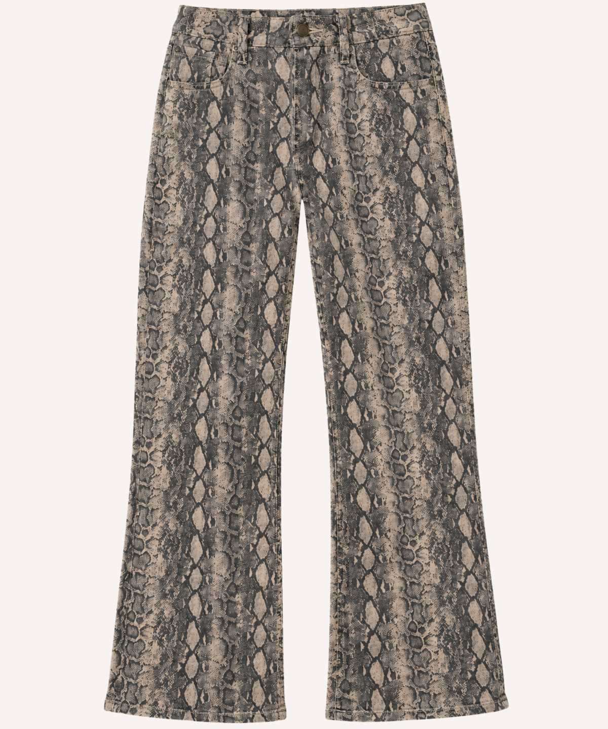 Snakeskin print, stretch jeans against a plain off-white background.