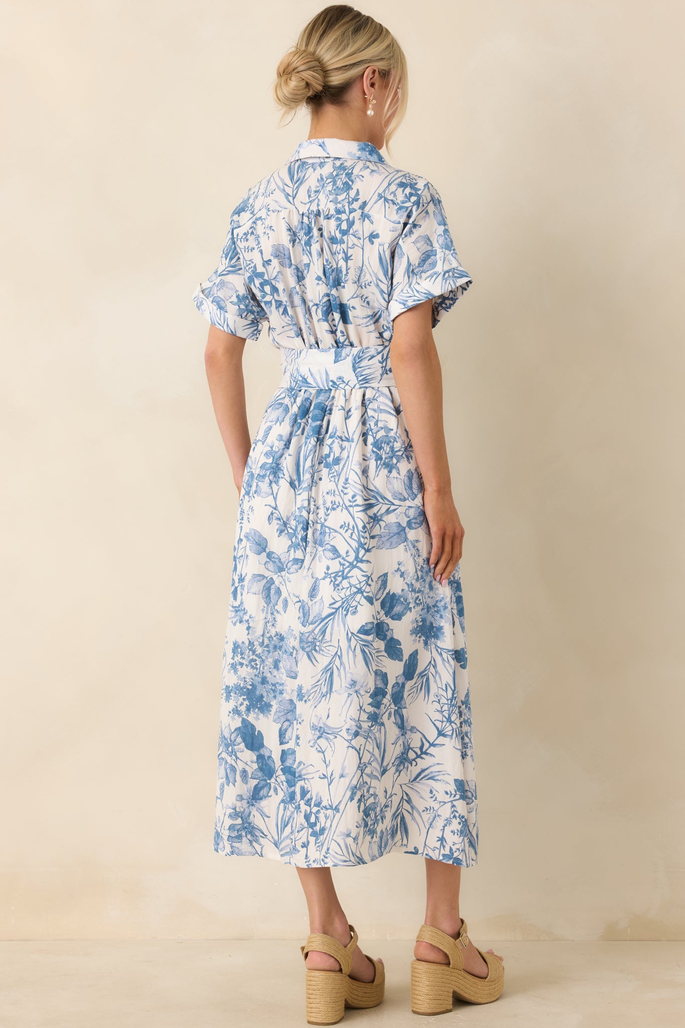 Women's Springtime Splendor White & Blue Floral Belted Midi Dress | Size: L | Red Dress Women's Springtime Splendor White & Blue Floral Belted Midi Dress | Size: L | Red Dress
