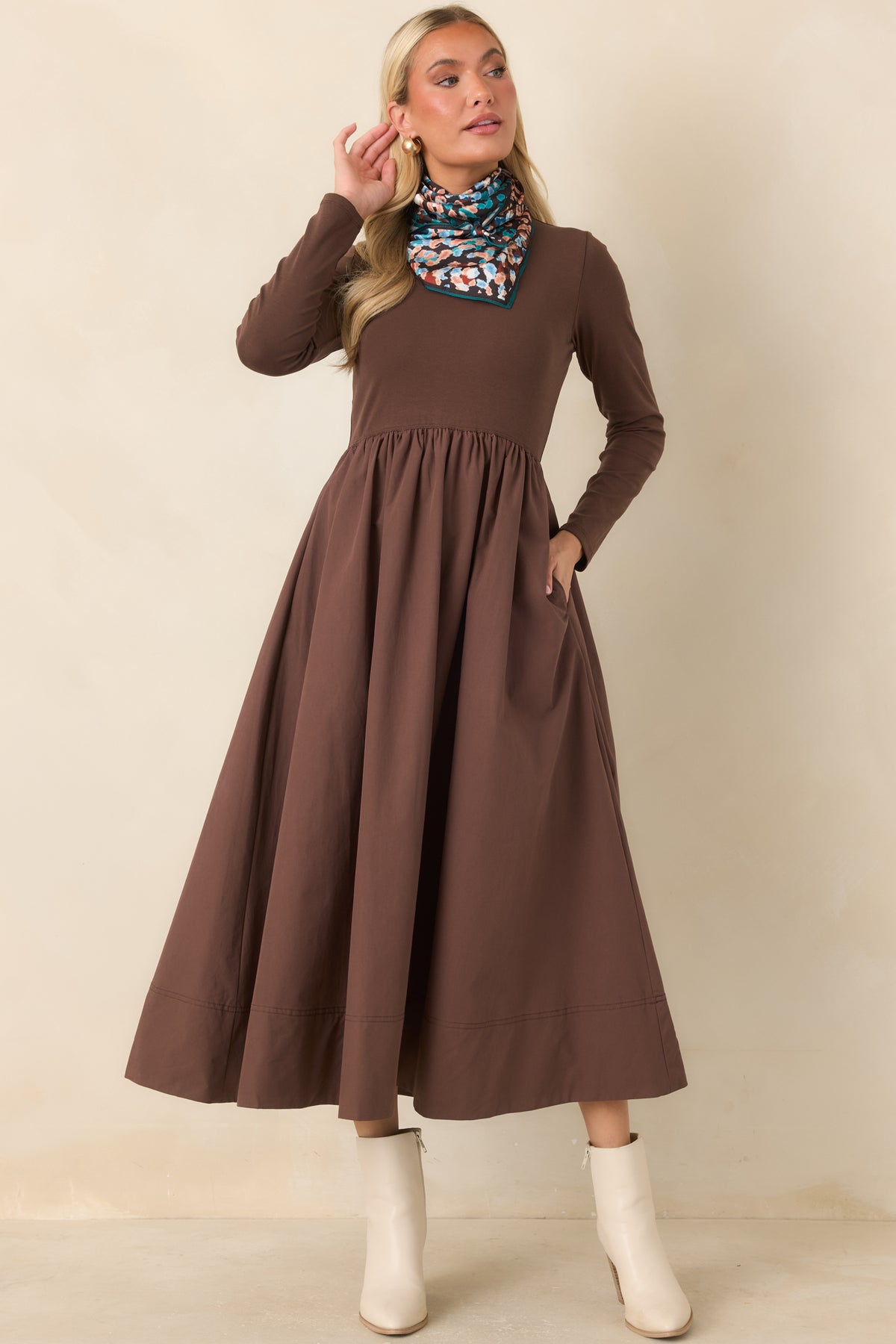 Prosperina Reese Chocolate Brown Cotton Long Sleeve Midi Dress
