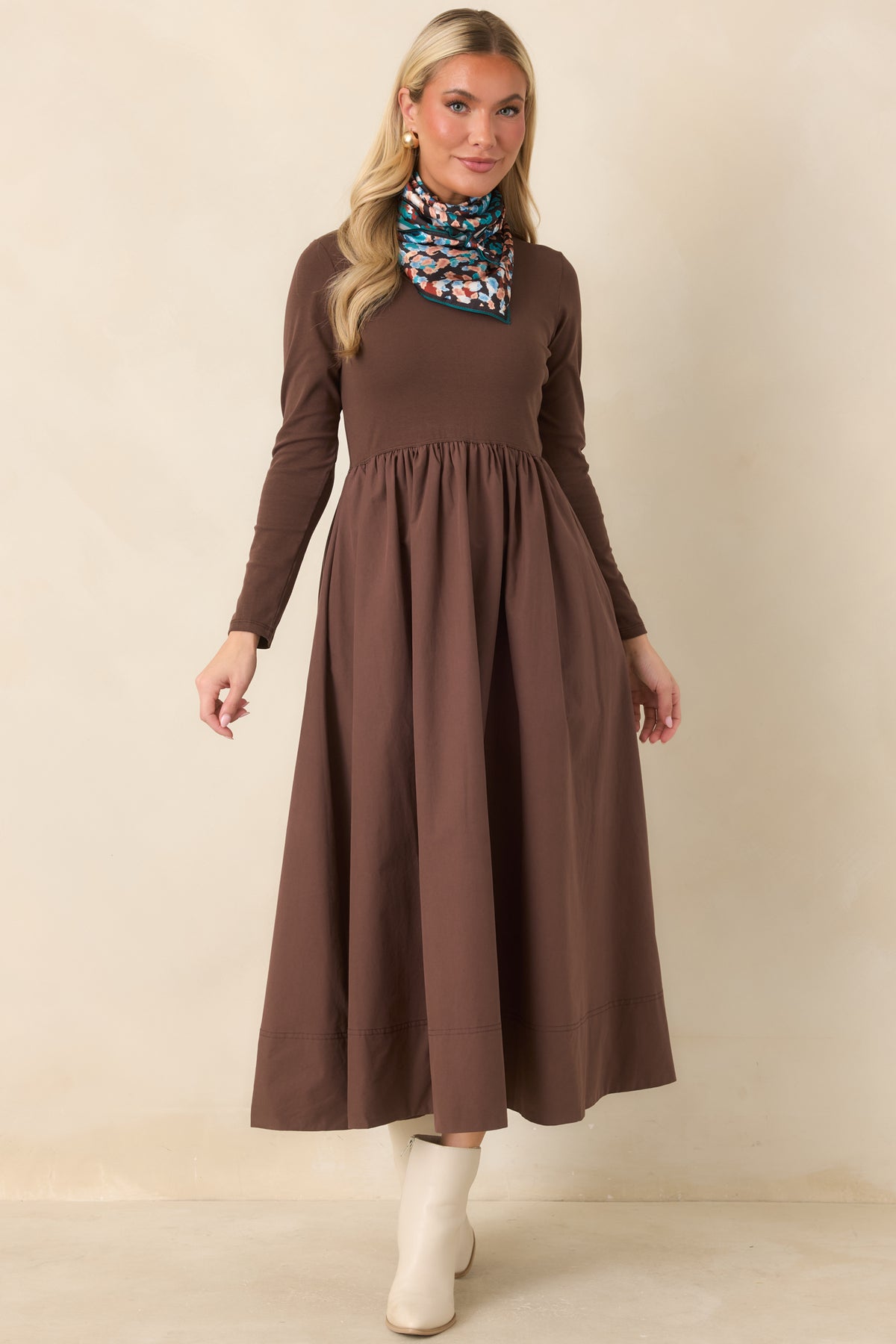 Prosperina Reese Chocolate Brown Cotton Long Sleeve Midi Dress