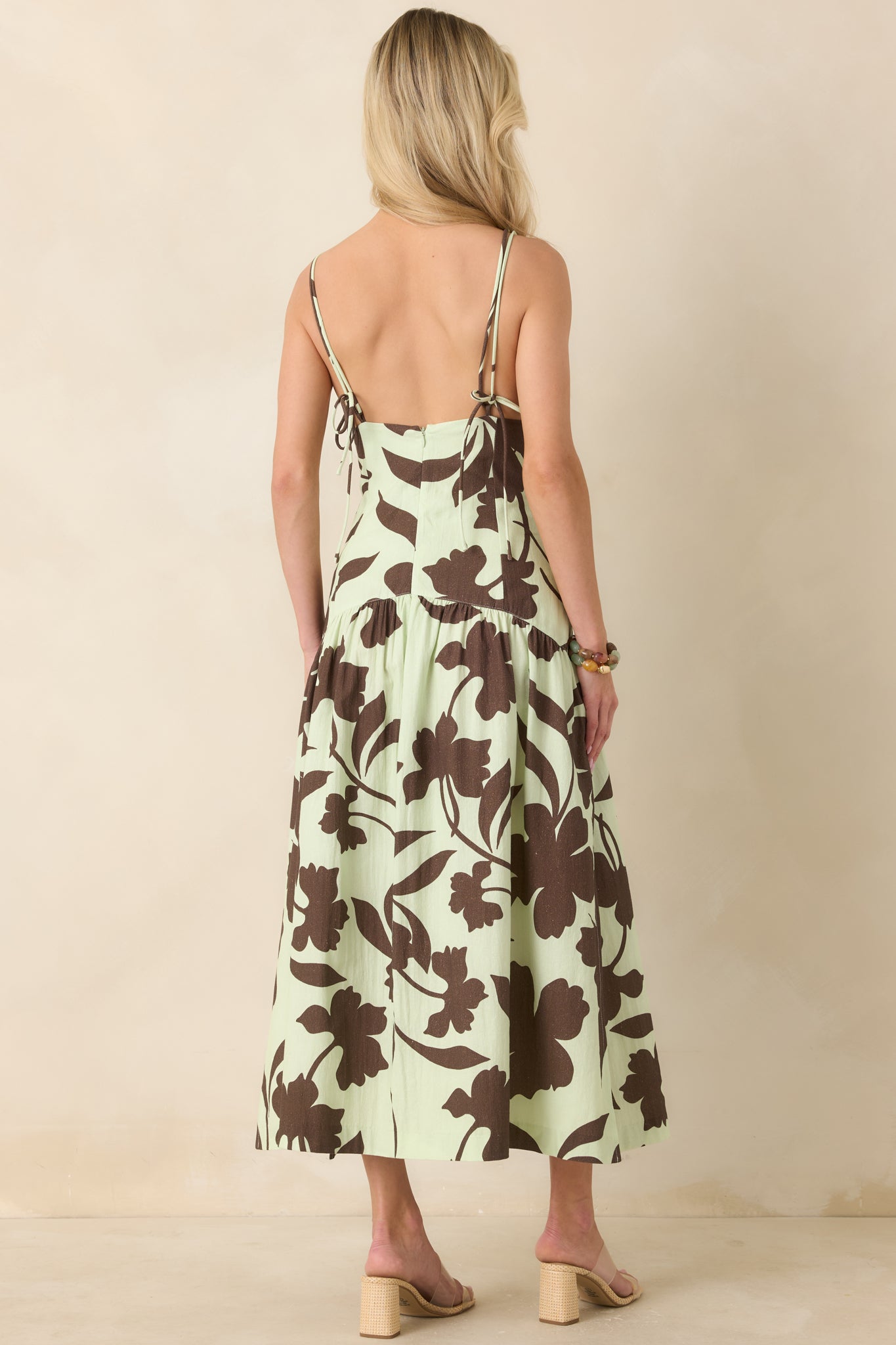 Rear view of floral midi dress with low open back and adjustable tie details.