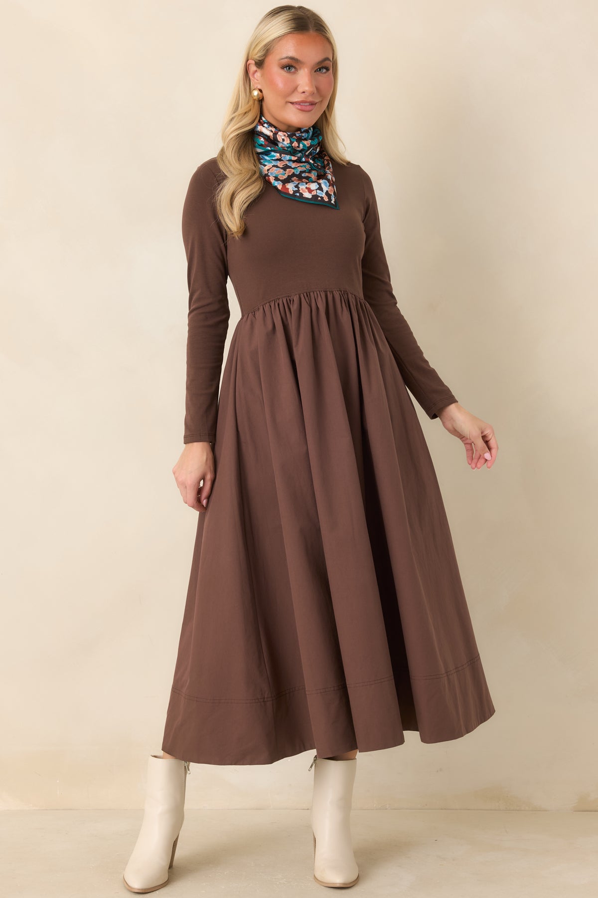 Prosperina Reese Chocolate Brown Cotton Long Sleeve Midi Dress
