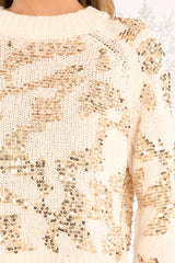 Close up view of this sweater that features a ribbed crew neckline, hemline slits, and eccentric sequin designing.