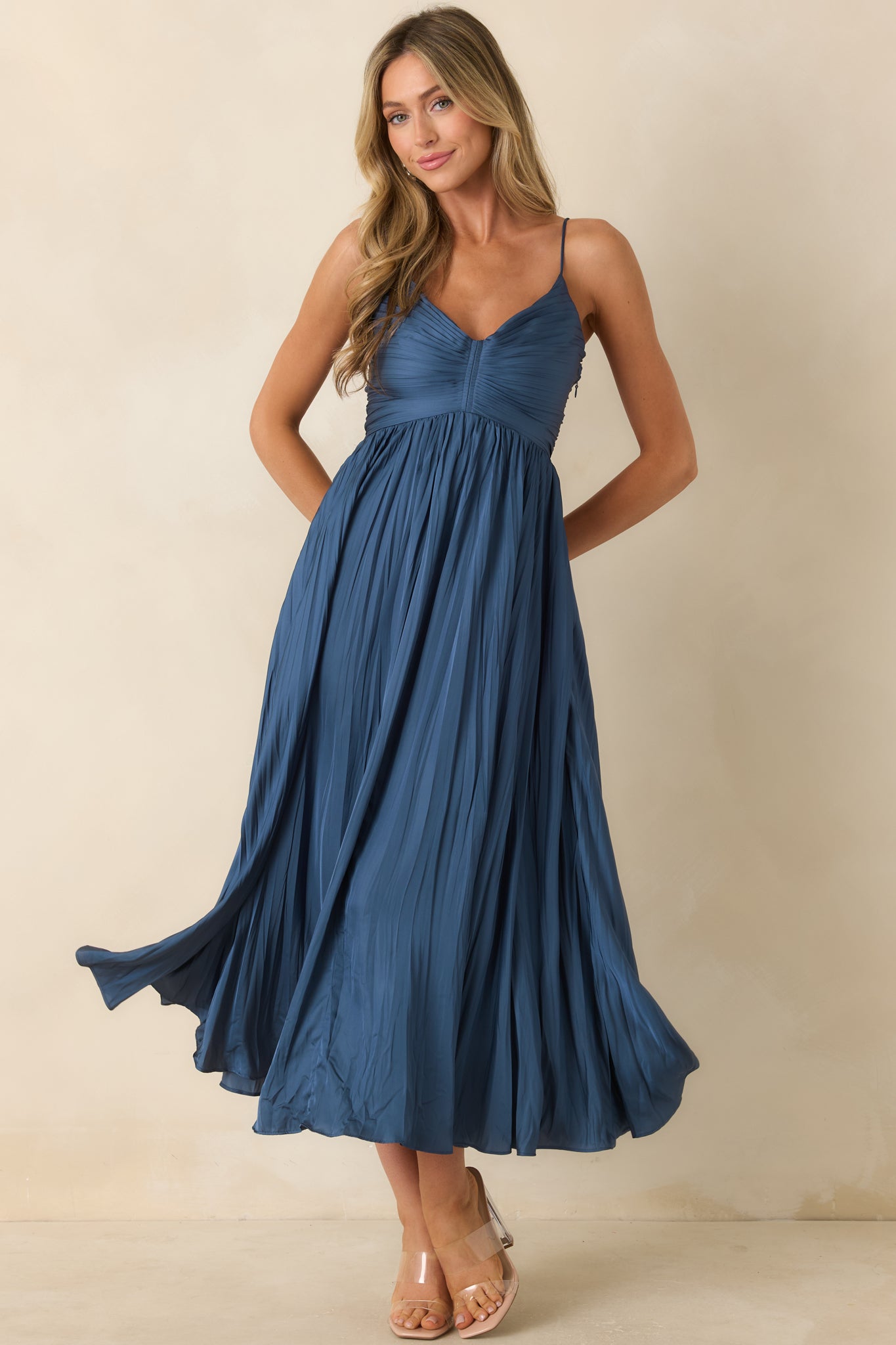 ASTR The Label Maeve Navy Pleated Midi Dress | Red Dress