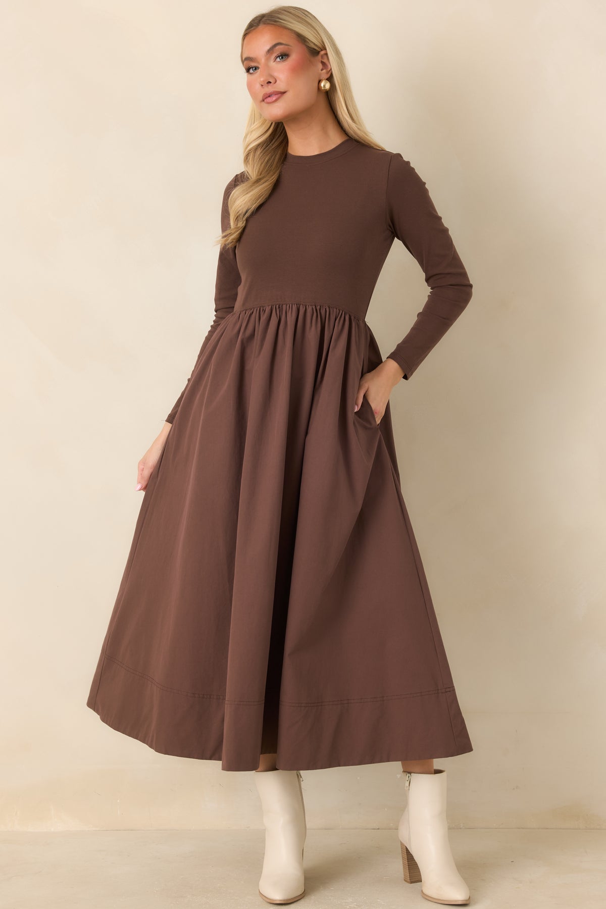 Prosperina Reese Chocolate Brown Cotton Long Sleeve Midi Dress