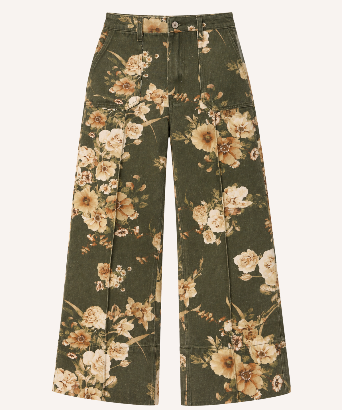 A pair of wide-leg pants in olive green canvas with an all-over beige and cream floral print, shown flat against a light off-white background.