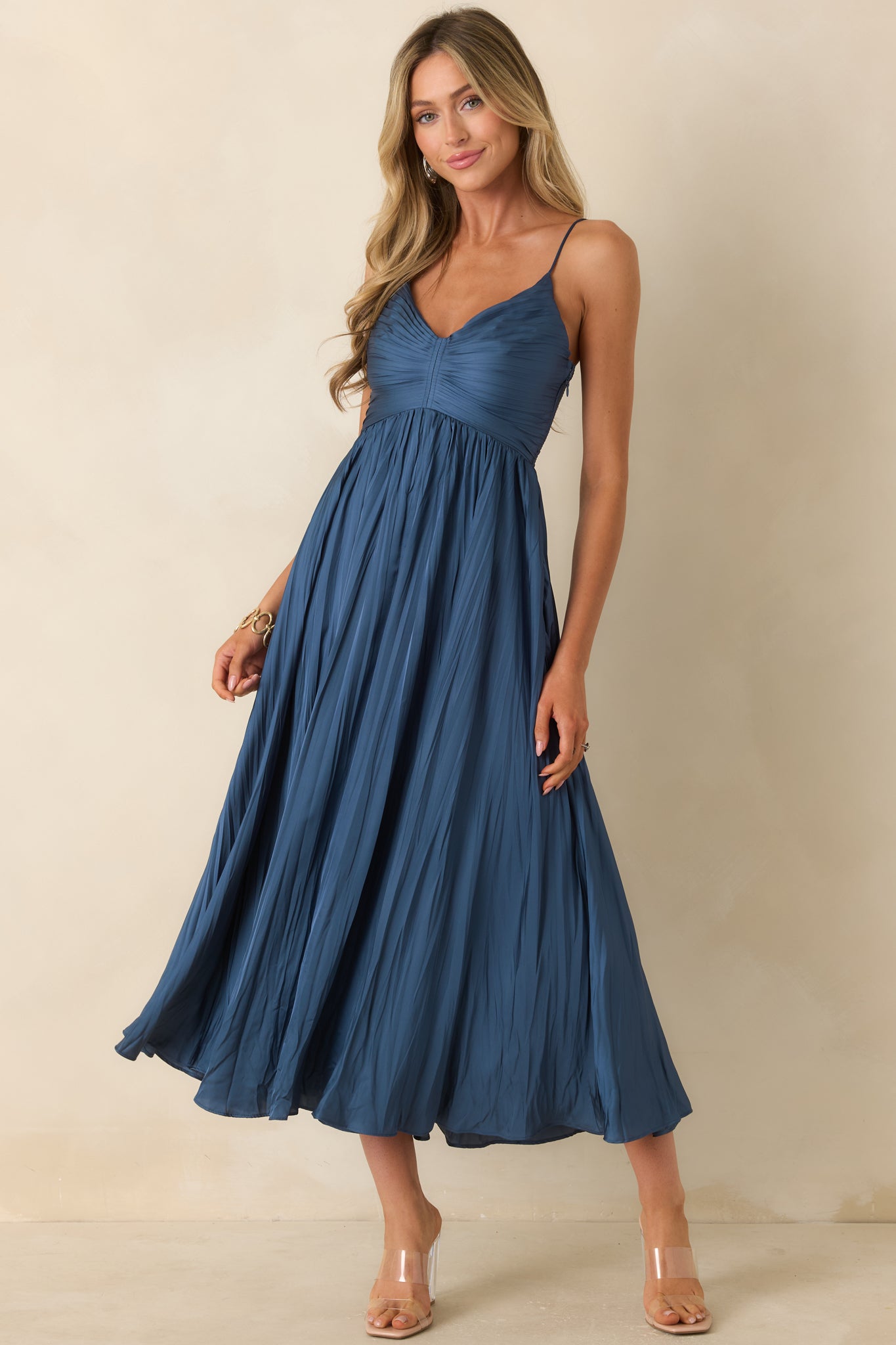 ASTR The Label Maeve Navy Pleated Midi Dress | Red Dress