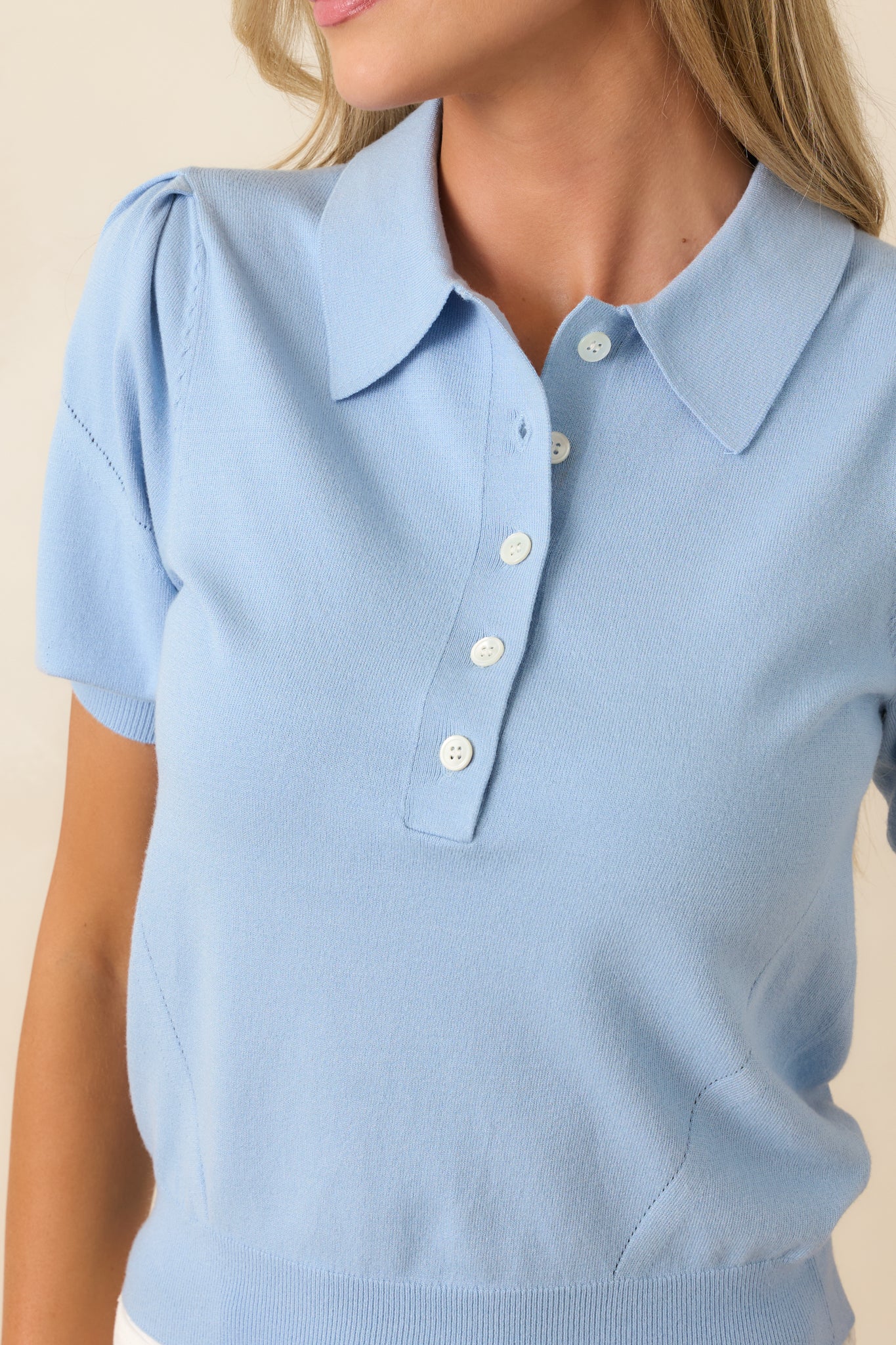 Light Blue Knit Polo Top - New Tops | Red Dress