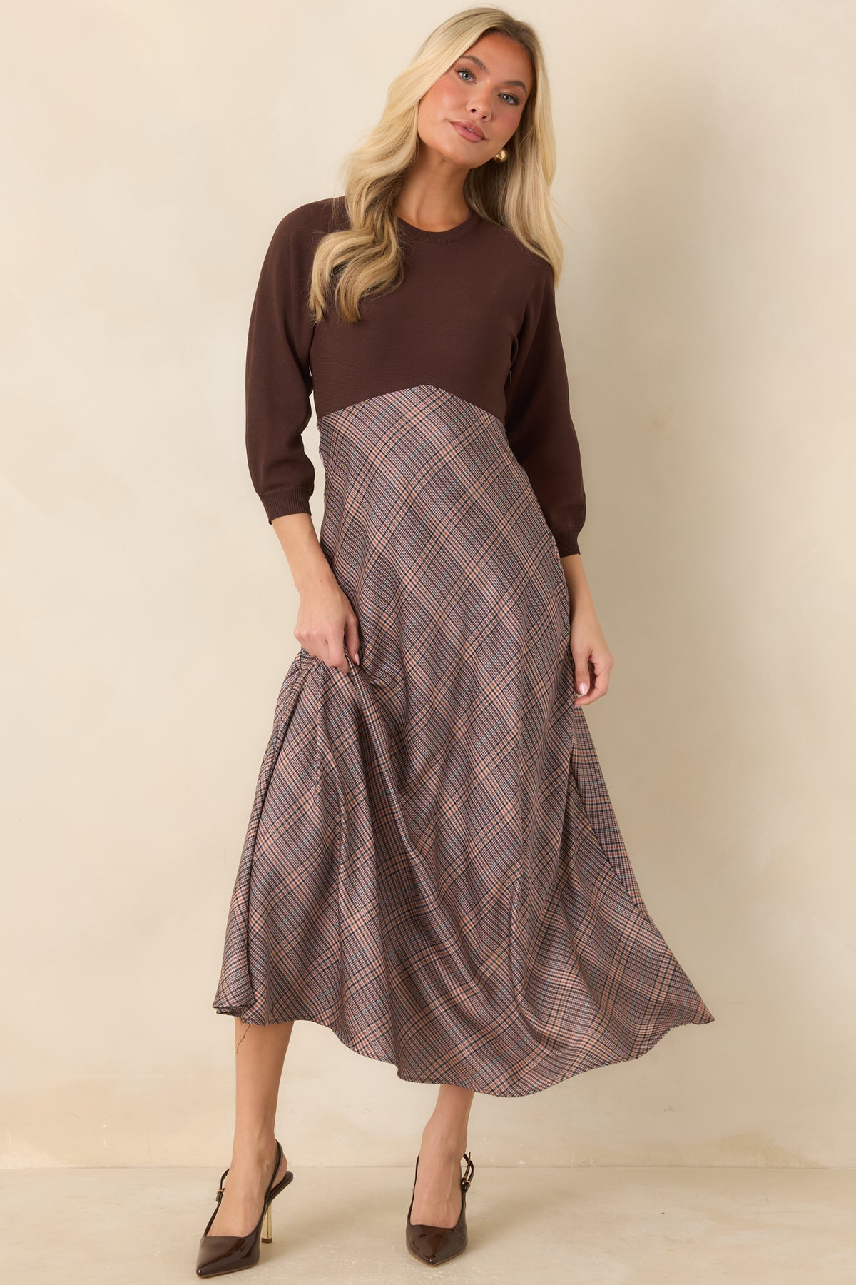 Perfectly in Place Brown Multi Plaid Knit Bodice Midi Dress