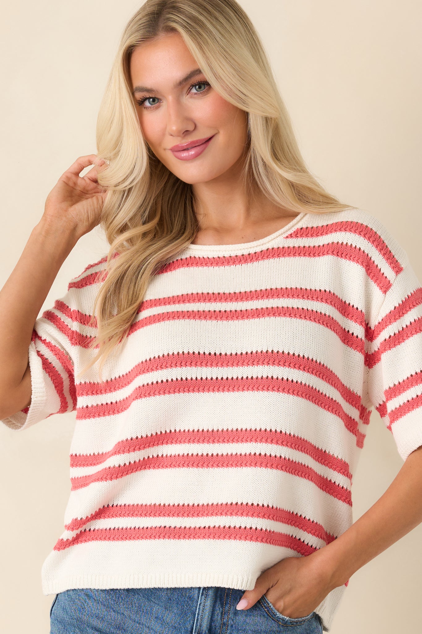 Z Supply Prado Coral Pink Stripe Sweater Top | Red Dress
