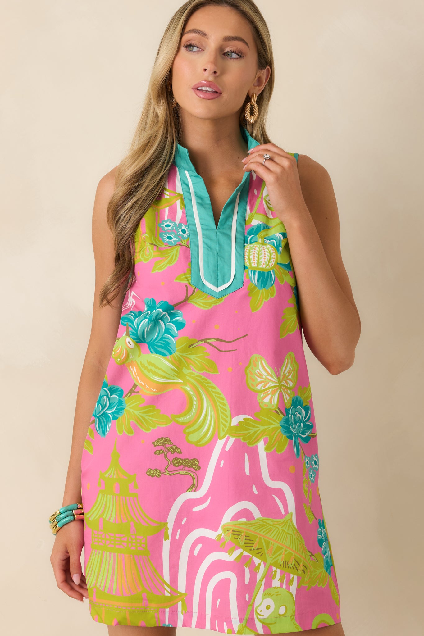 Prosperina Camille Pink Chinoiserie Cotton Mini Shift Dress| Red Dress