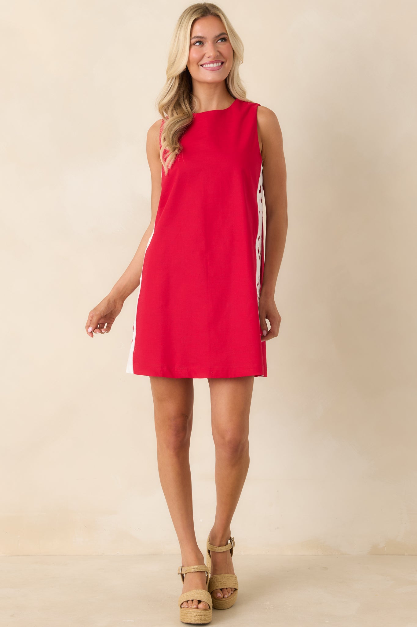 Red Dress | Red & White Linen Floral Cutout Mini Dress