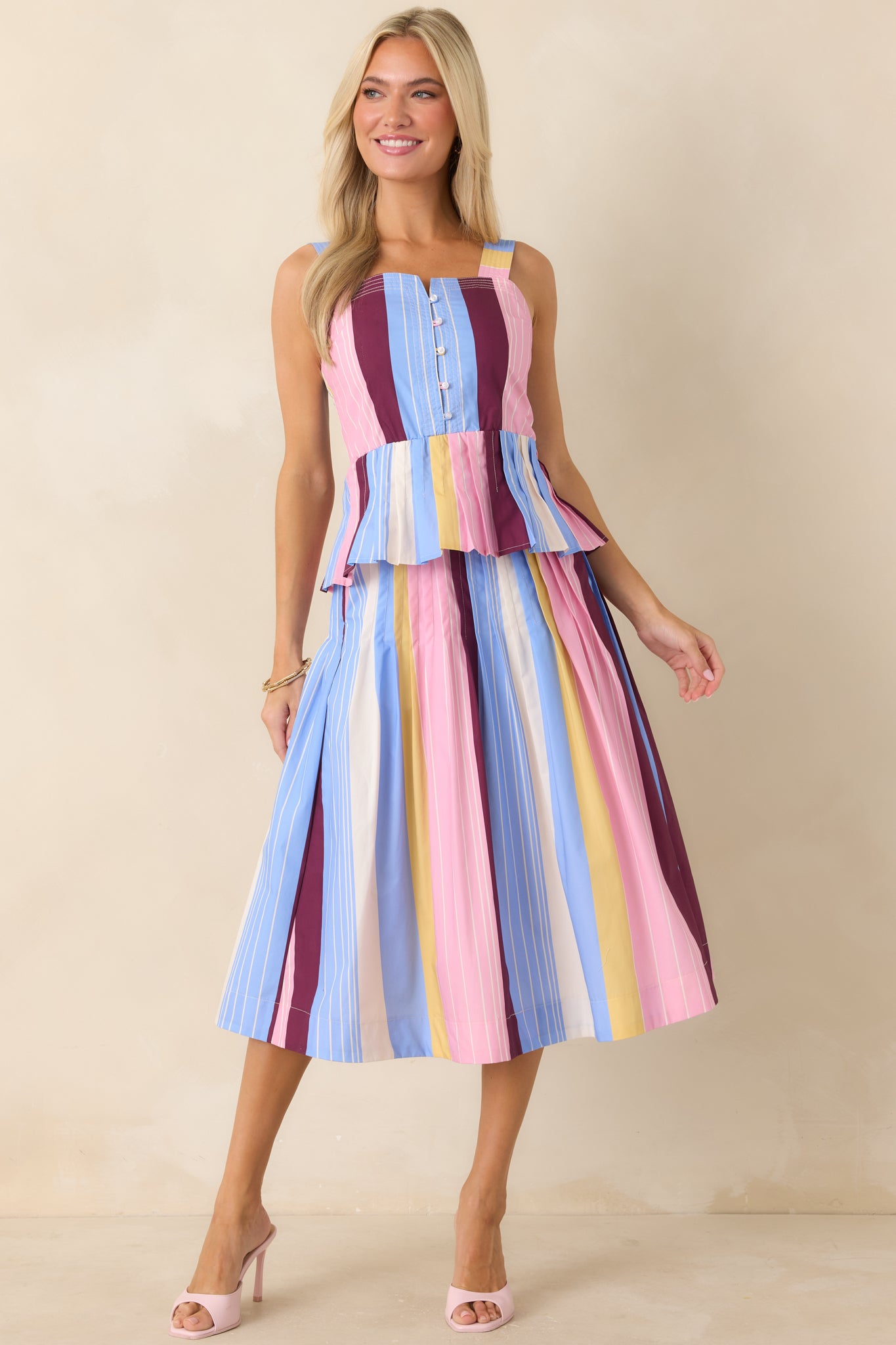 スカート COTTON PLEATED MIDI SKIRT STRIPE_PINK Red Dress | Multi Stripe Cotton Pleated Midi Skirt - All Bottoms