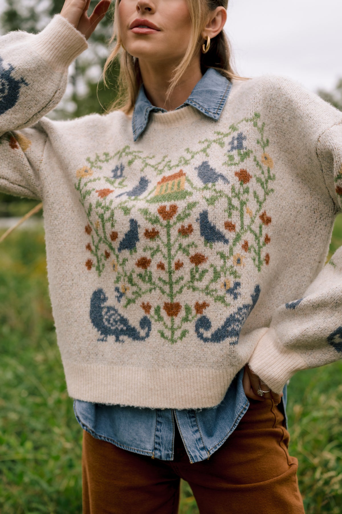 Prosperina Fablekeeper Ivory Multi Folk Art Knit Sweater