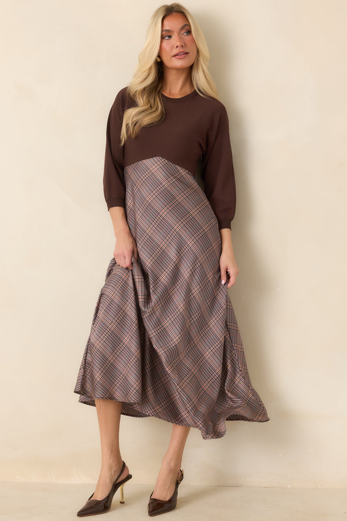 Perfectly in Place Brown Multi Plaid Knit Bodice Midi Dress