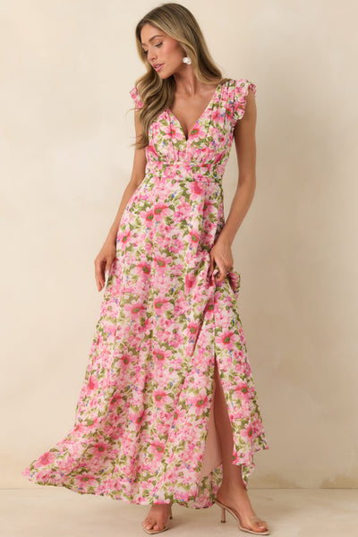 fitted lace wedding dress Inara Pink Floral Print Ruffle Prom Dress main image 0