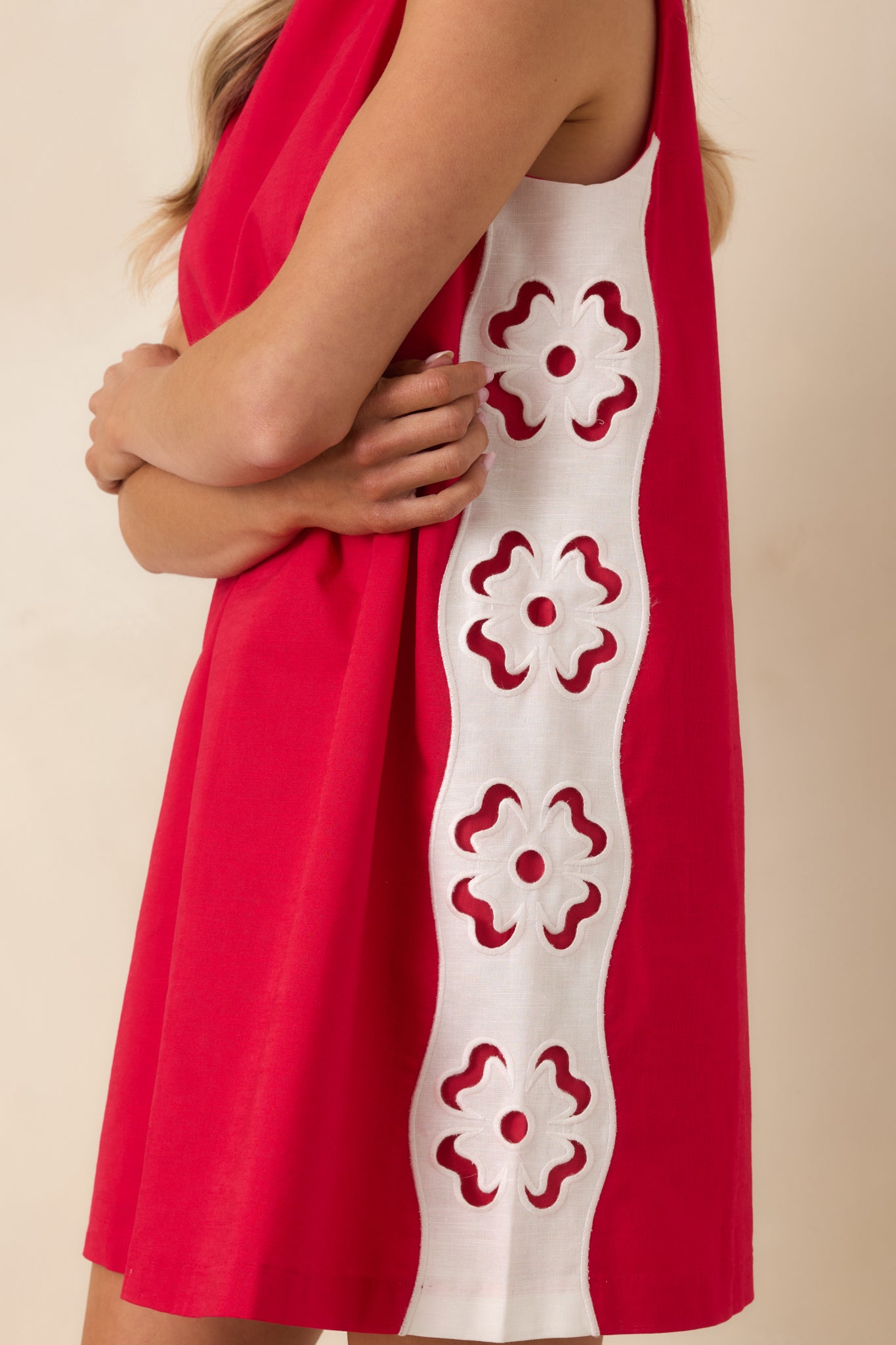 Red Dress | Red & White Linen Floral Cutout Mini Dress