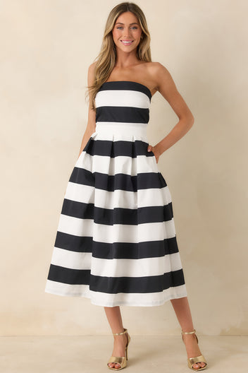 Black & White Stripe Strapless Midi Dress