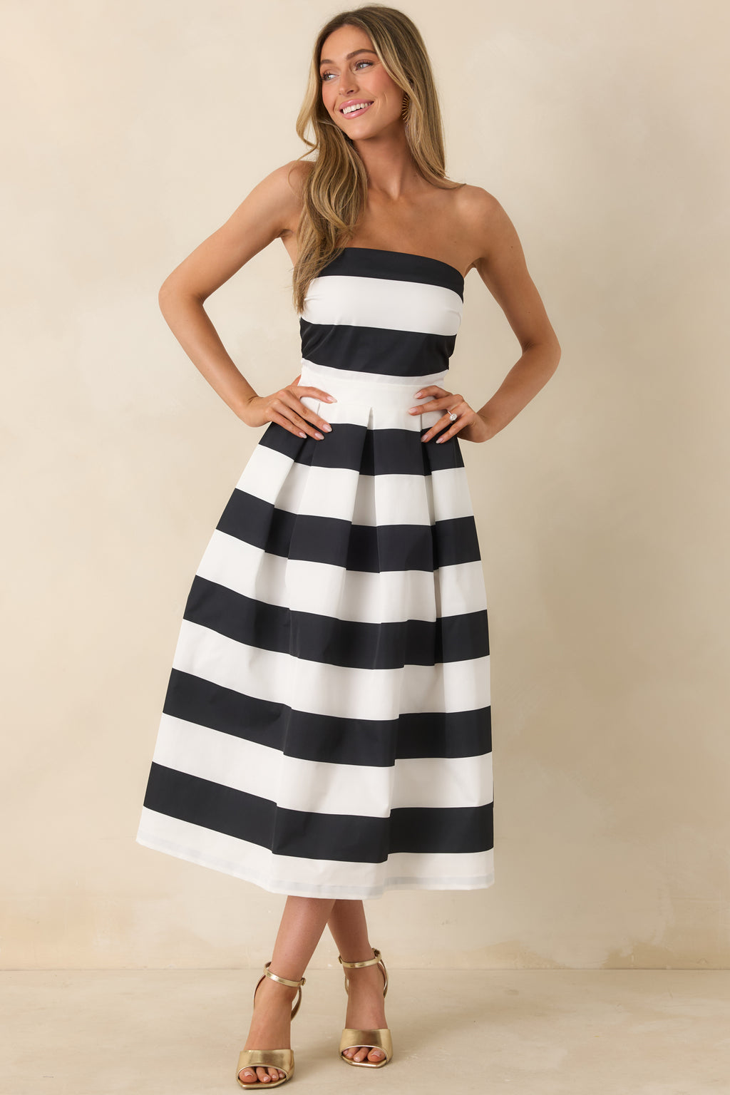 Black & White Stripe Strapless Midi Dress - All Dresses | Red Dress Black & White Stripe Strapless Midi Dress - All Dresses | Red Dress