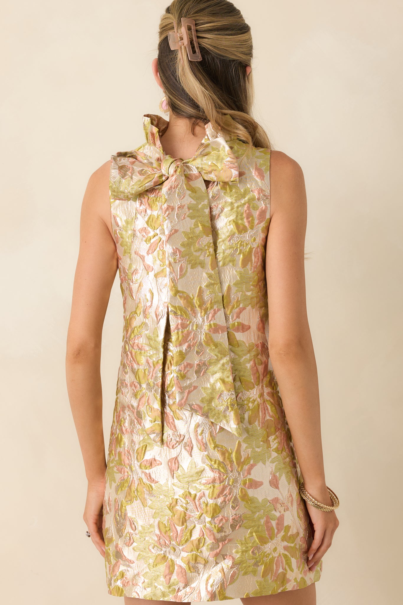 metallic champagne dress Prosperina Cecily Metallic Floral Jacquard Mini Dress