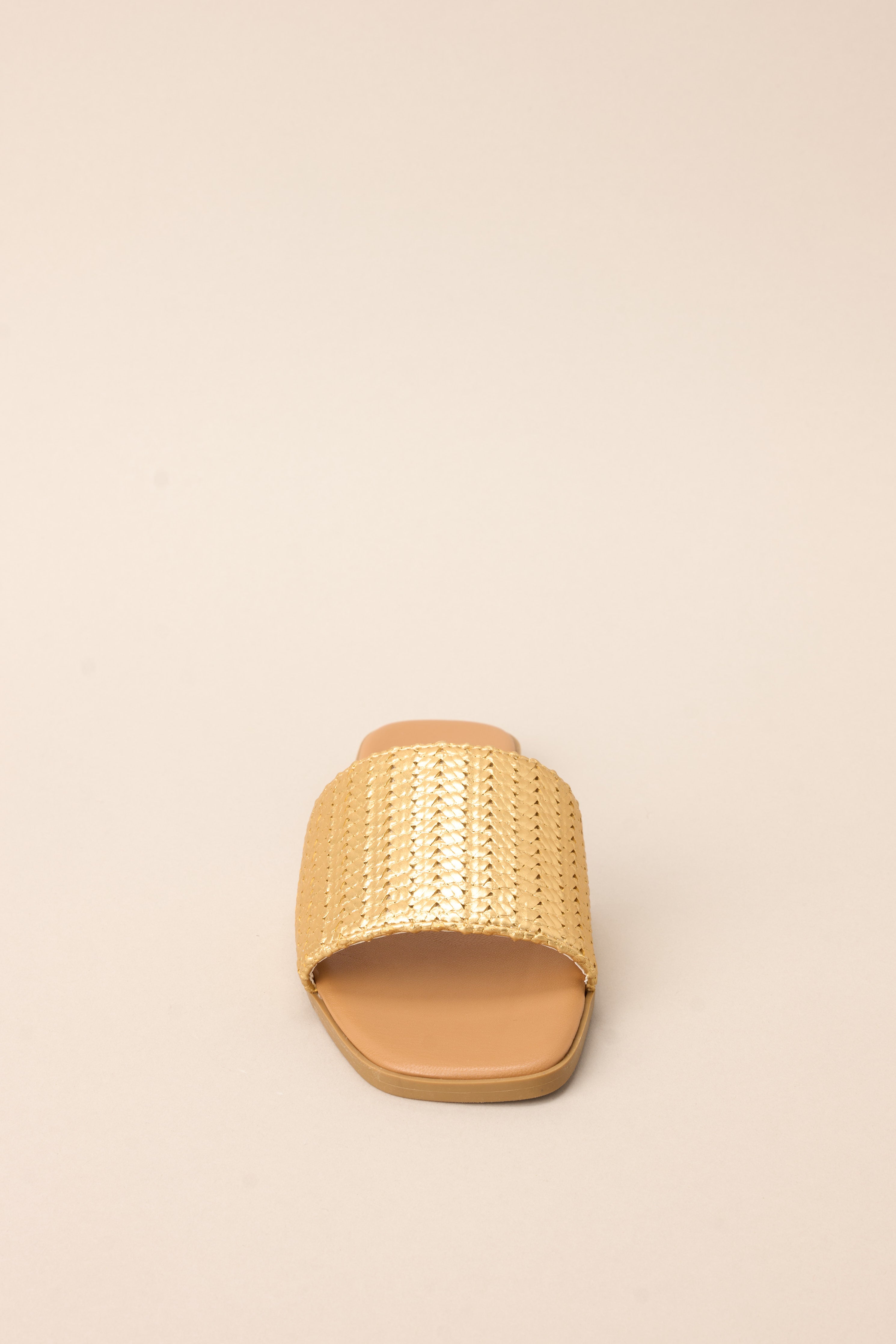Front view of these sandals that feature a gold detailed strap over the foot and a slip-on style.