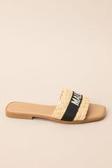 Full side view of these sandals that feature a strap across the top of the foot with the name of a tropical location.