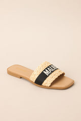 Outer-side view of these sandals that feature a strap across the top of the foot with the name of a tropical location.