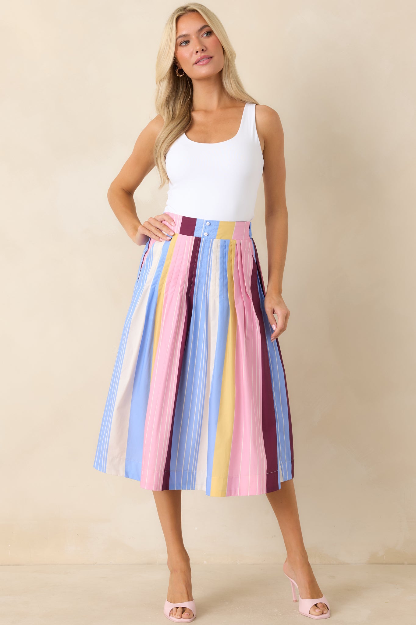 スカート COTTON PLEATED MIDI SKIRT STRIPE_PINK Red Dress | Multi Stripe Cotton Pleated Midi Skirt - All Bottoms
