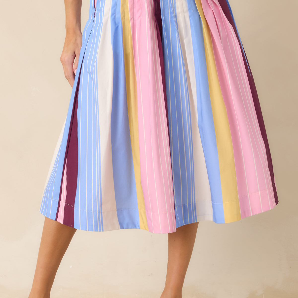 Red Dress | Multi Stripe Cotton Pleated Midi Skirt - All Bottoms