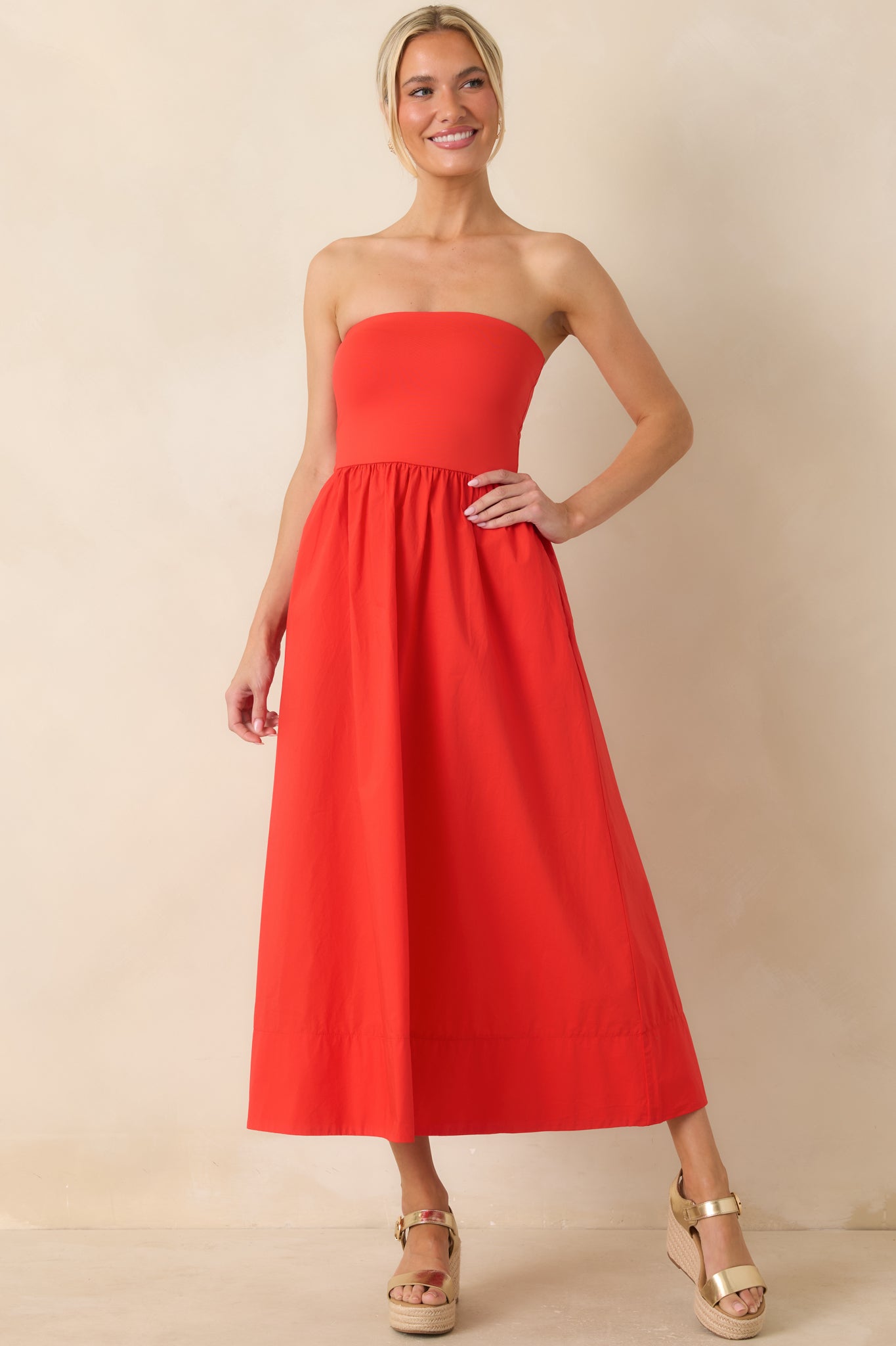 Z Supply Sunsought Poppy Red Strapless Midi Dress | Red Dress