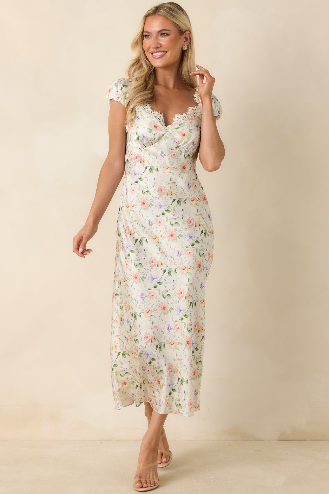 Women's Makaela Pale Green Multi Floral Lace Trim Midi Dress | Size: L