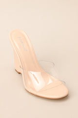 Angled front view of these heels that feature a rounded toe, a clear strap over the top of the foot, and a wedged heel.