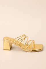 Full side view of these heels that feature a rounded toe, a slip-on design crisscross straps across the top of the foot, and a short, thick heel.
