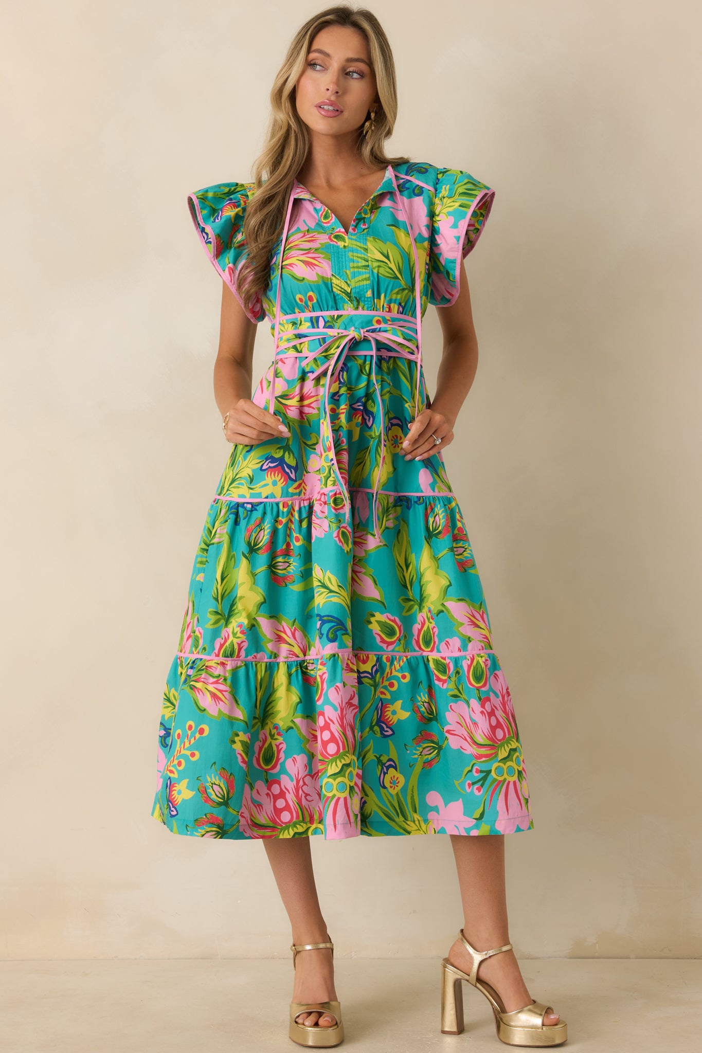 jade midi dress Women's Leighton Jade Multi Tropical Floral Cotton Midi Dress | Size: S