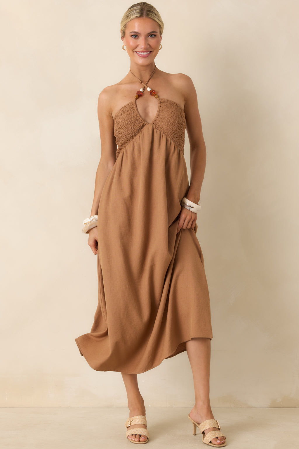 brown midi halter dress River Island halter satin midi dress in brown
