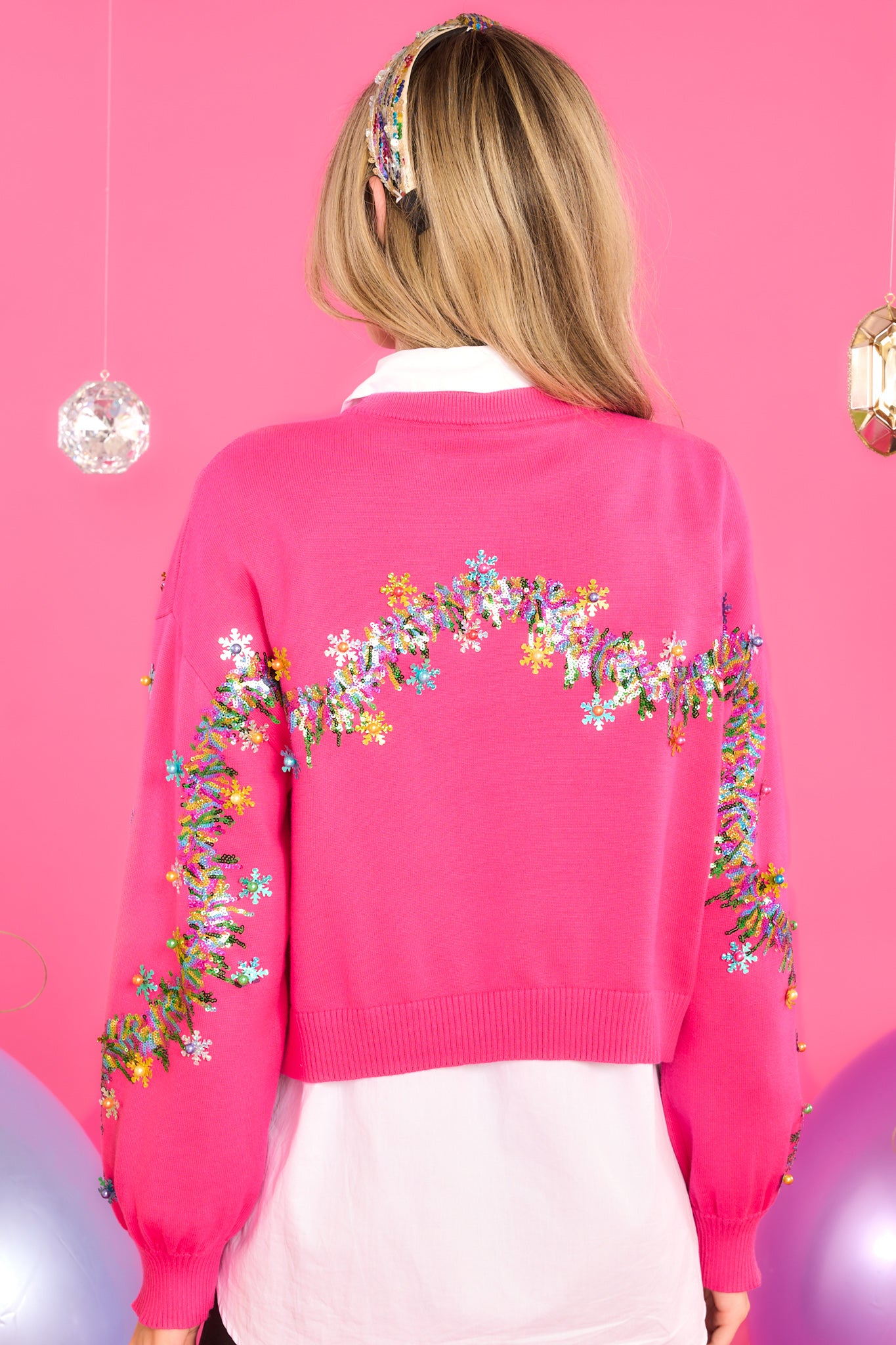 Queen of Sparkles Bright Pink Feather Christmas Tree & Candy Sweater, Med / Bright Pink