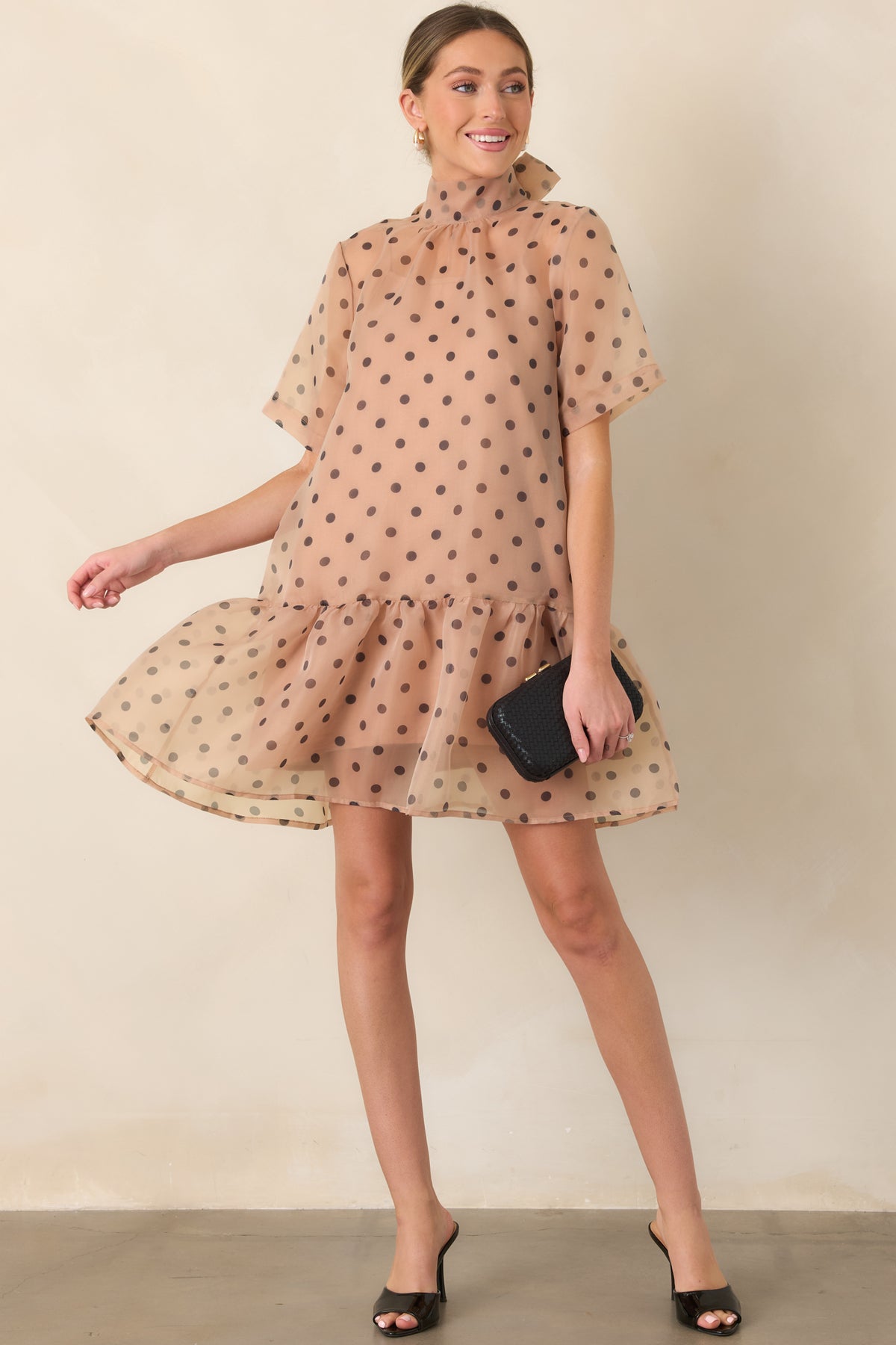 Spot On Style Beige Polka Dot Ruffle Hem Mini Dress