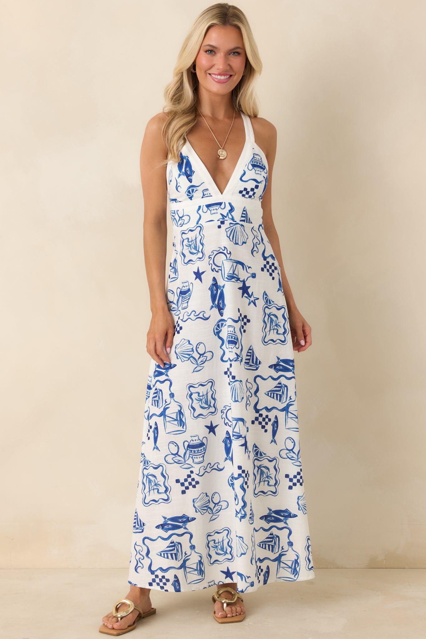 MINKPINK Baci Blue Nautical Print Cotton Blend Midi Dress