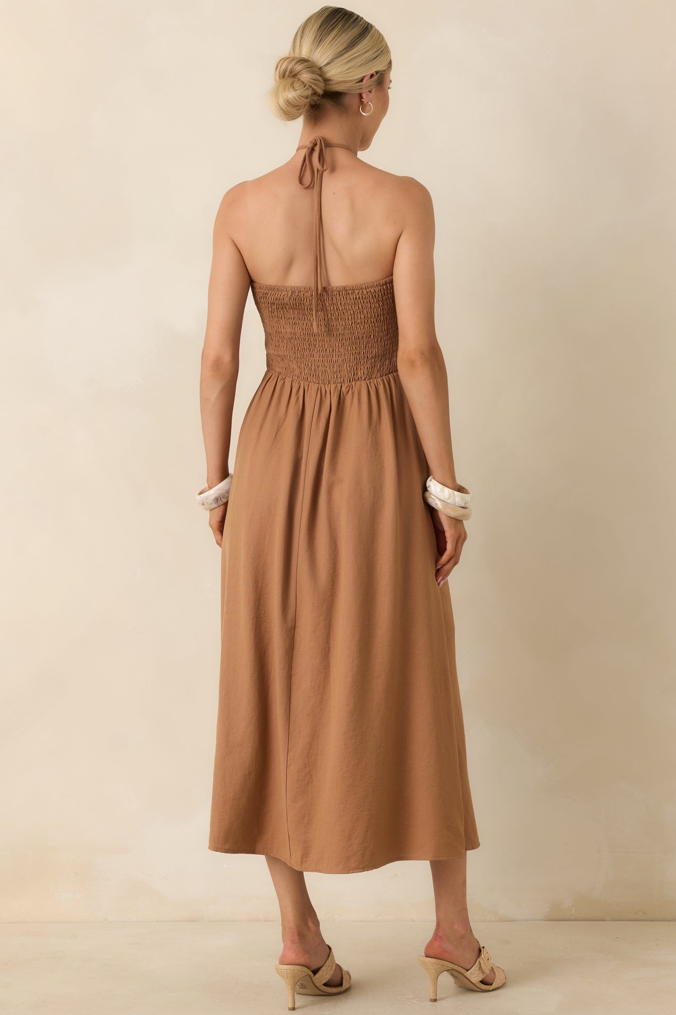 Red Dress | Chestnut Brown Beaded Halter Midi Dress Red Dress | Chestnut Brown Beaded Halter Midi Dress