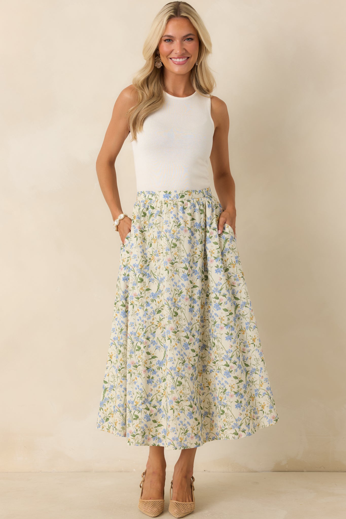 Floral midi skirt showcasing a fully lined construction, side pockets, and a flowing A-line shape with vibrant botanical patterning.