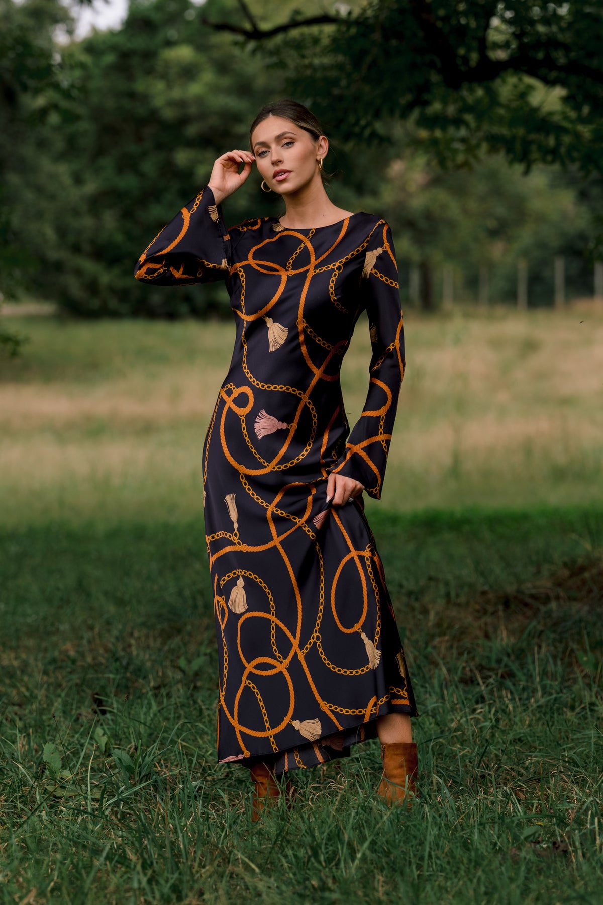 With Distinction Black Rope & Tassel Print Satin Maxi Dress