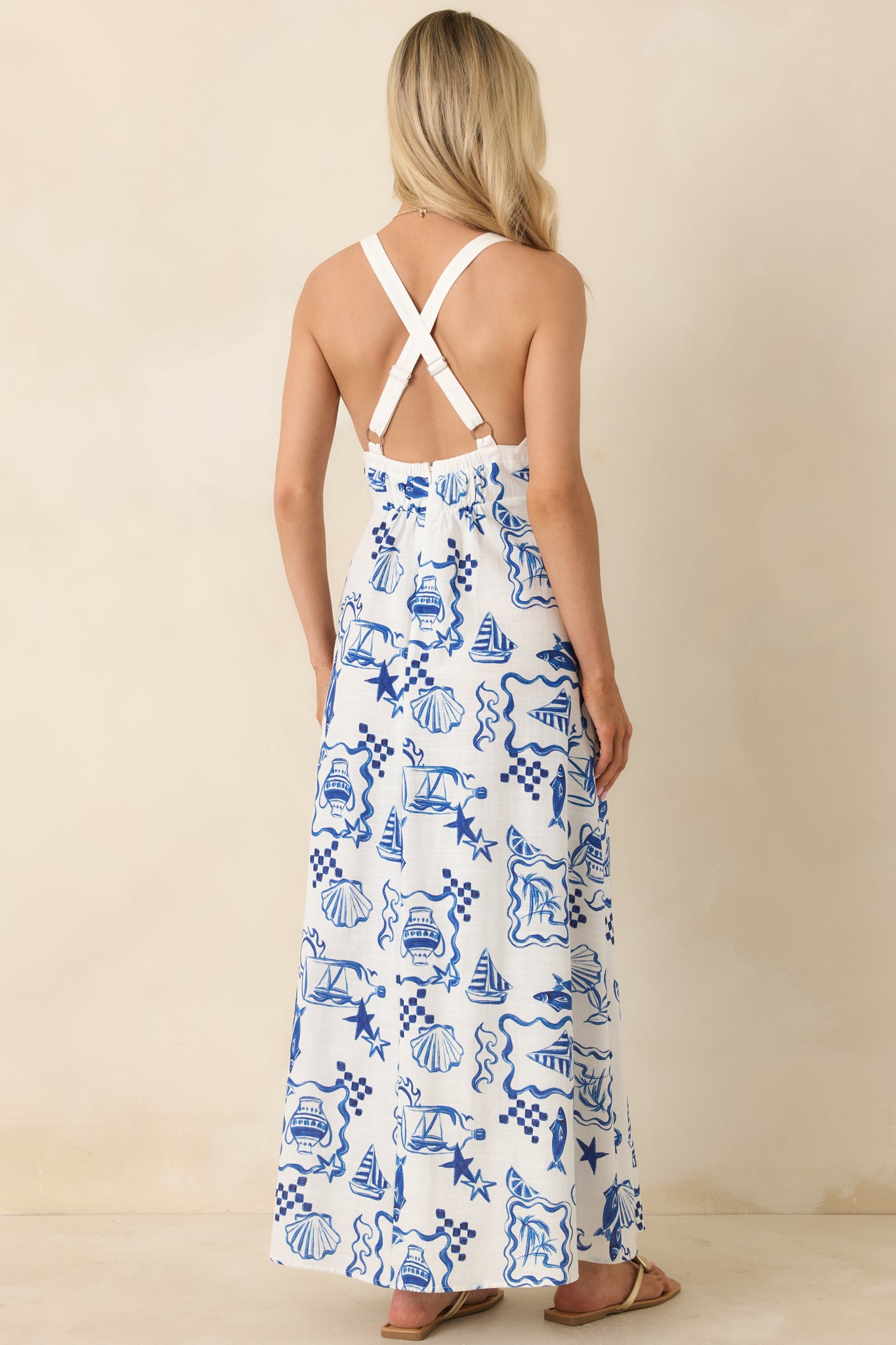 MINKPINK Baci Blue Nautical Print Cotton Blend Midi Dress