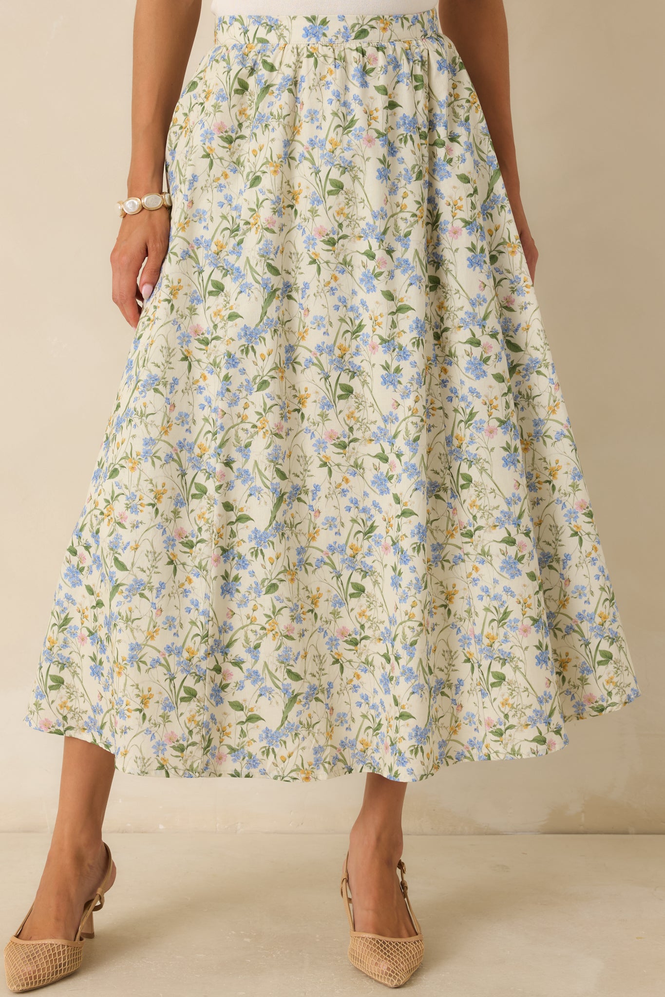 Cropped view highlighting the high-rise gathered waistband and multicolor floral print in green, yellow, and blue tones.