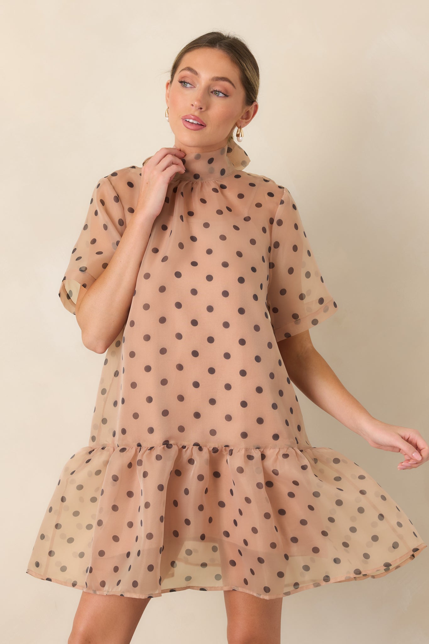 Spot On Style Beige Polka Dot Ruffle Hem Mini Dress