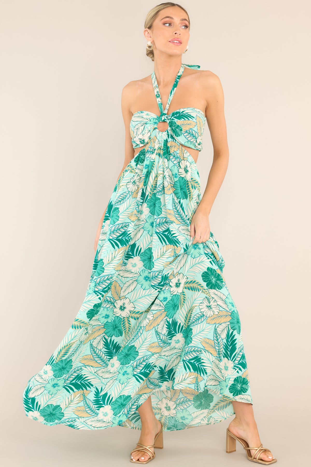 Vibrant Tropical Leaf Printed Halter Tie Back Maxi Dress