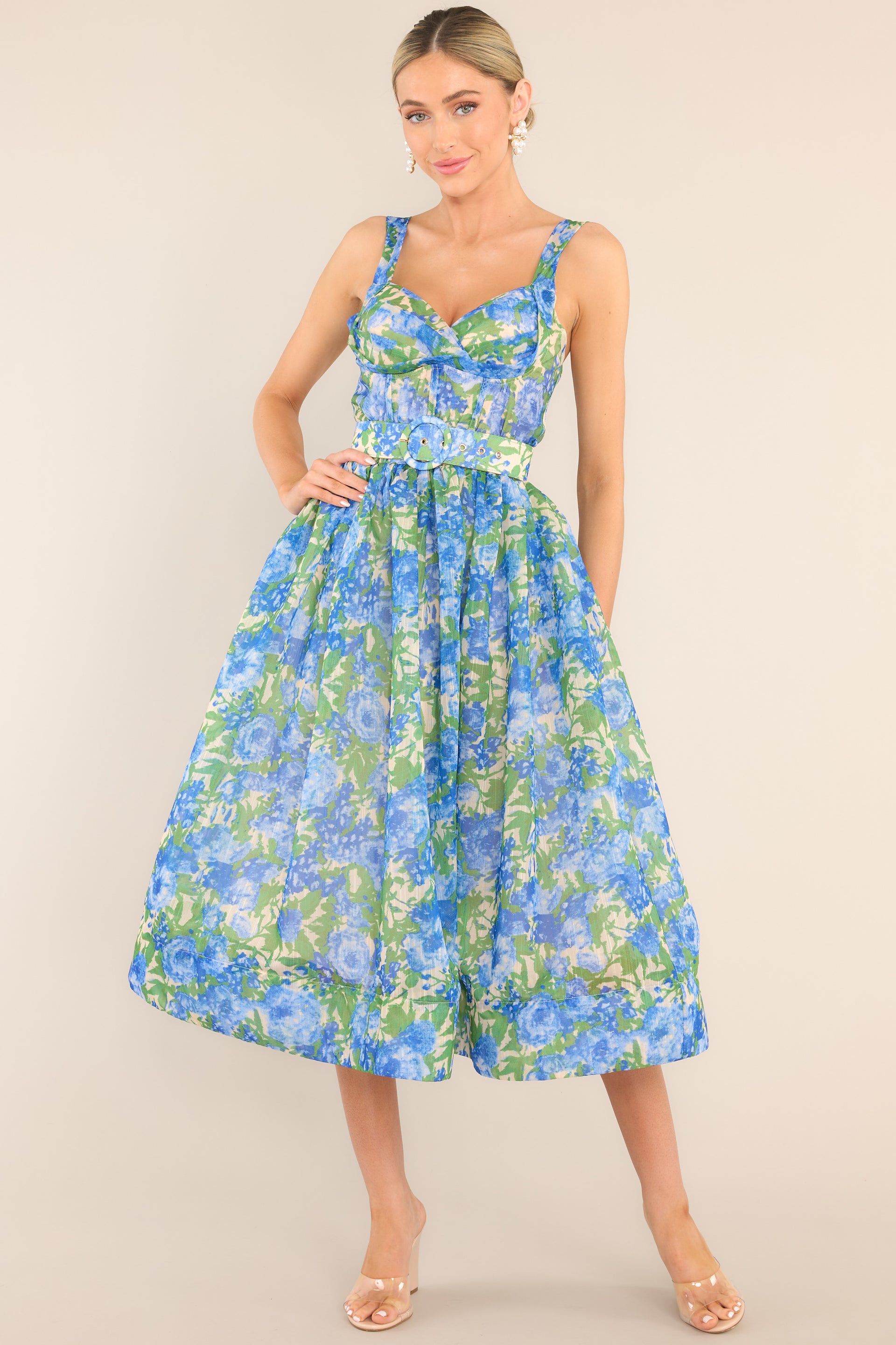 Sweetheart Neckline Blue Floral Midi Dress