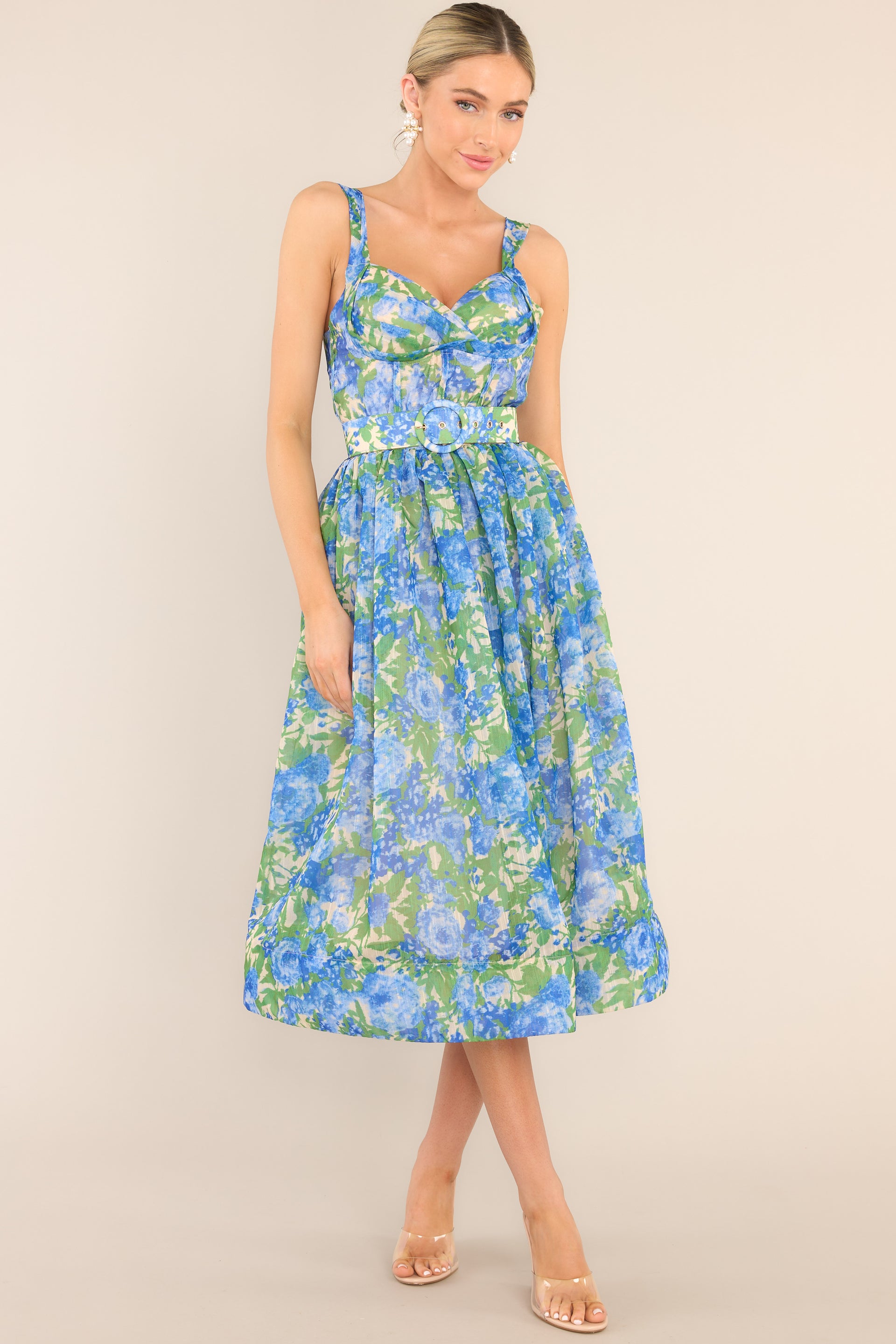 Sweetheart Neckline Blue Floral Midi Dress