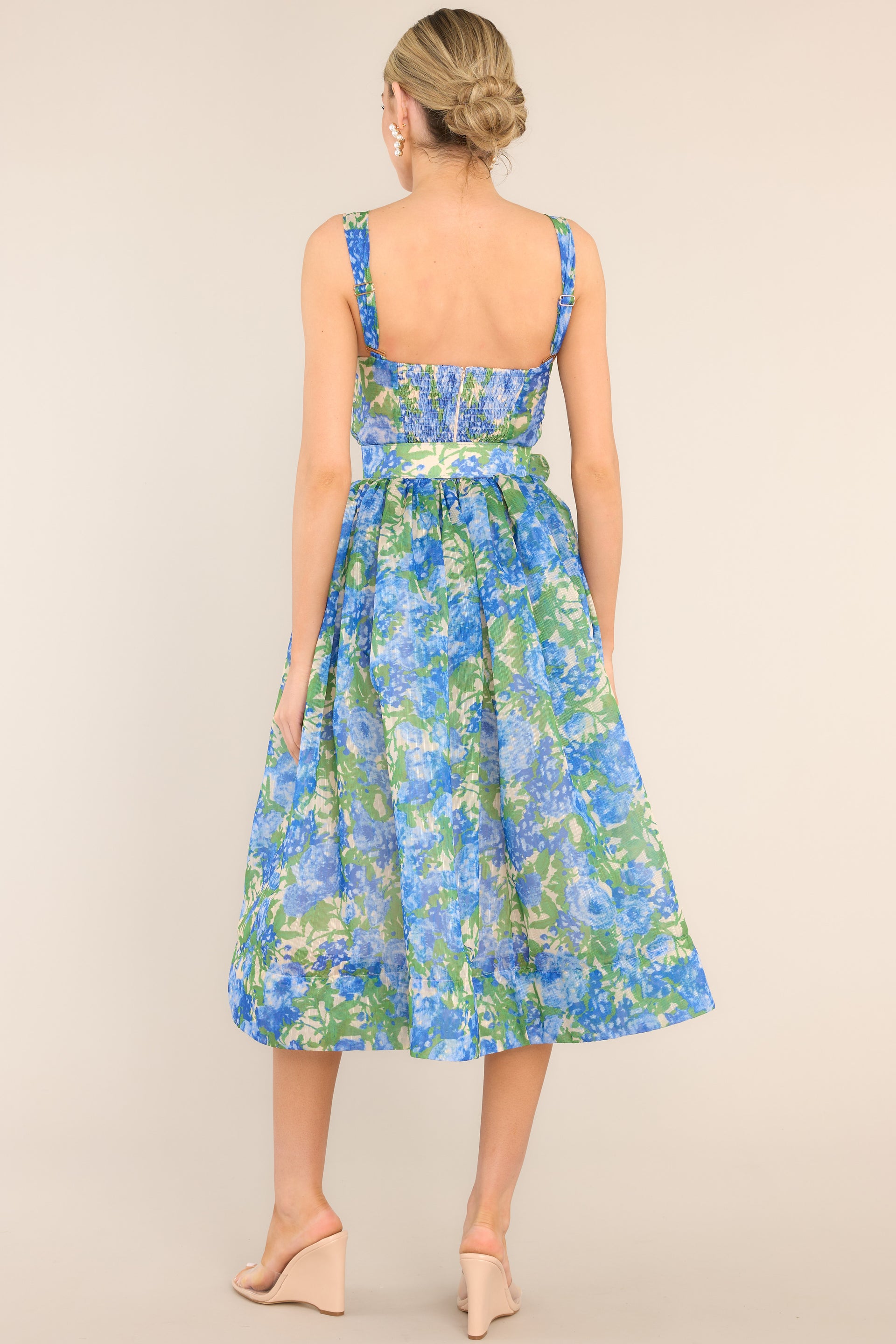 Sweetheart Neckline Blue Floral Midi Dress - All Dresses | Red Dress