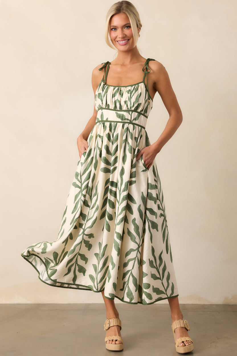 Green Tropical Print Midi Dress