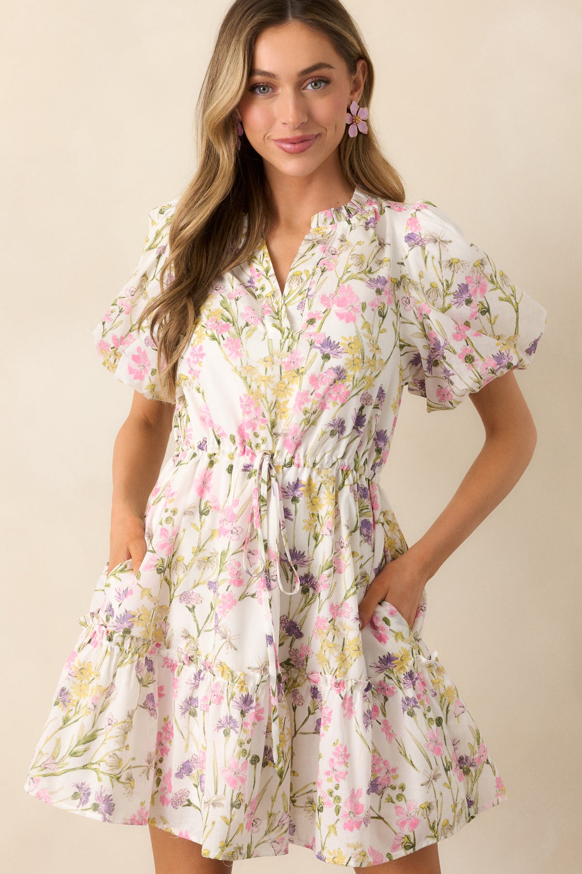 Ivorie Floral Cutout Puff Sleeve Dress main image 0